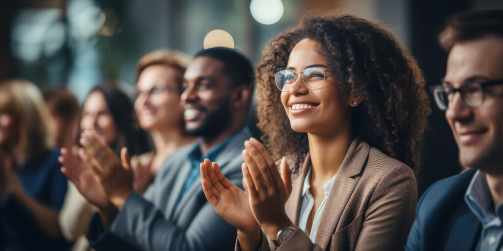 Group of people applauding together in business meeting